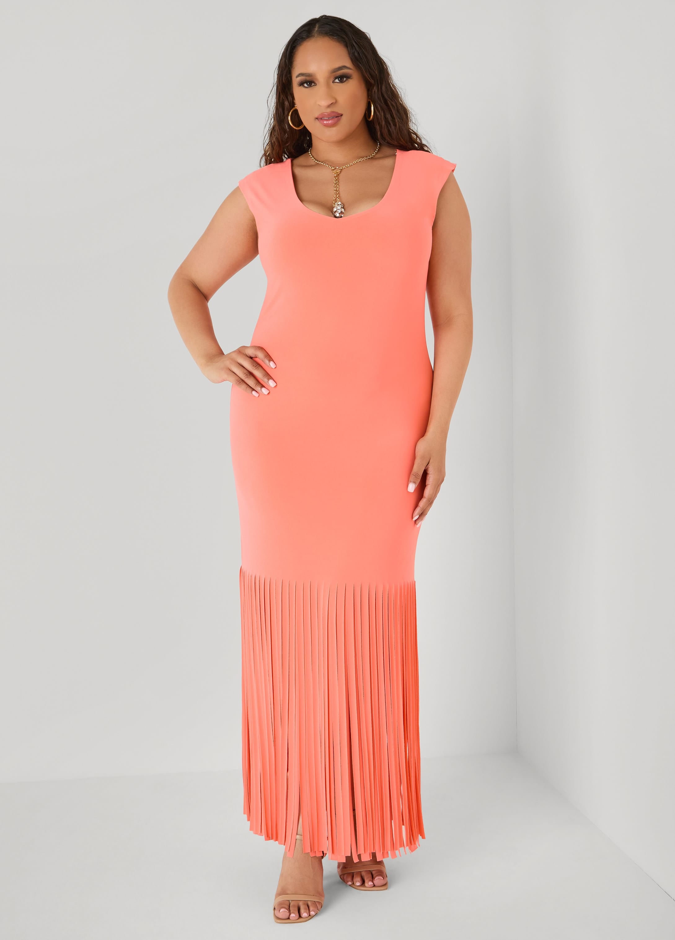 Plus Size Fringed Maxi Dress, LIVING CORAL, 30/32
