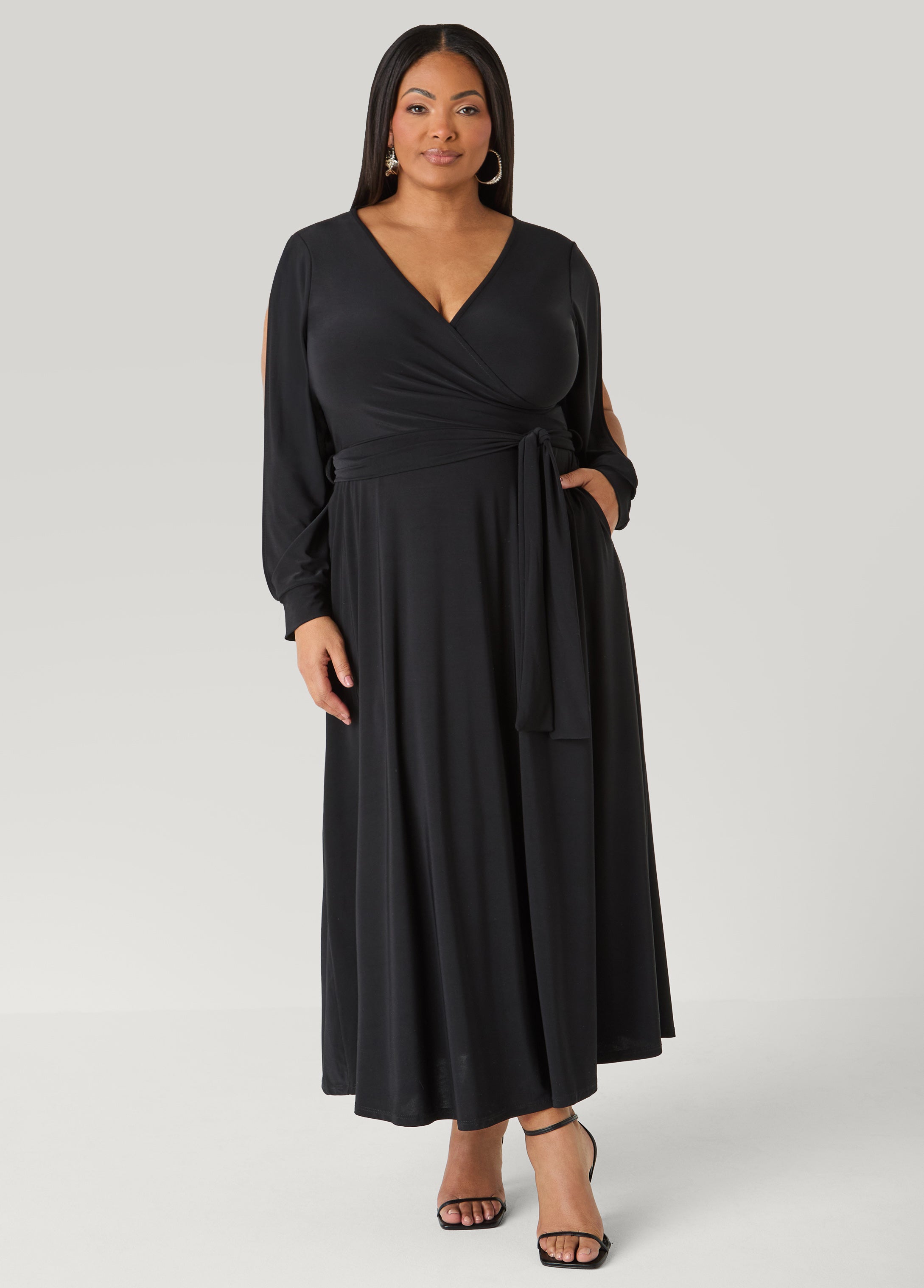 Plus Size Split Sleeved A Line Maxi Dress, Black, 30/32 Plus Size Split Sleeved A Line Maxi Dress, Black, 30/32