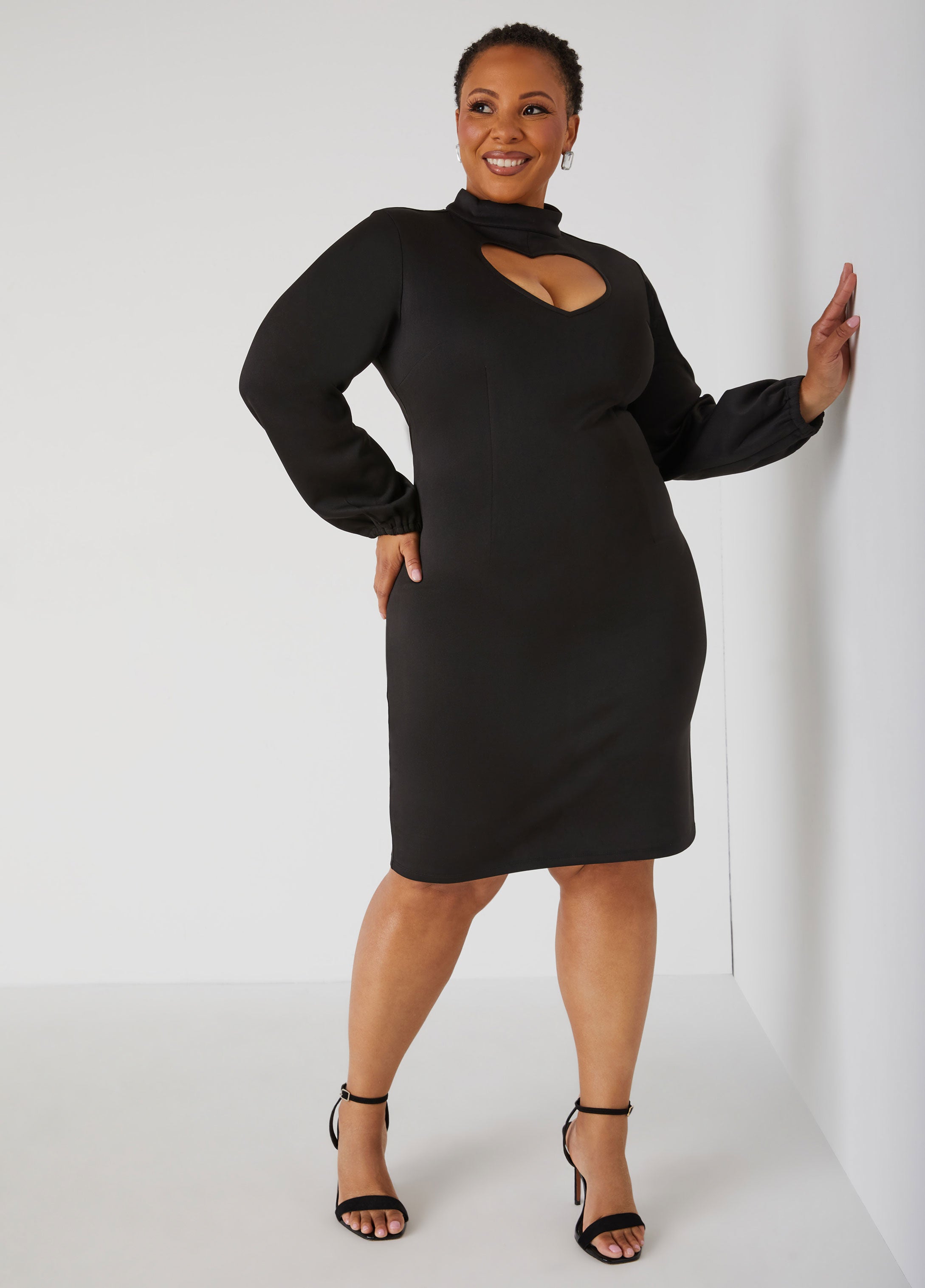 ashley stewart black dress Plus Size Two Tone Button Front Dress, Black White, 10
