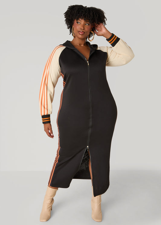 Plus Size Two Tone Striped Maxi Hoodie Dress