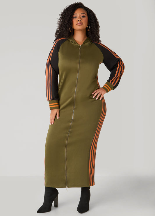 Plus Size Striped Two Tone Maxi Hoodie Dress