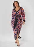 Belted V Neck Geo Print Maxi Dress