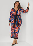 Belted V Neck Geo Print Maxi Dress