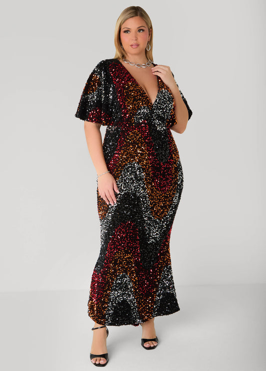 Plus Size Flounced Sequined Velvet Gown