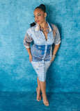 Plus Size Blue Bandana Jersey Dress Plus Size Knee Mini Shirtdress