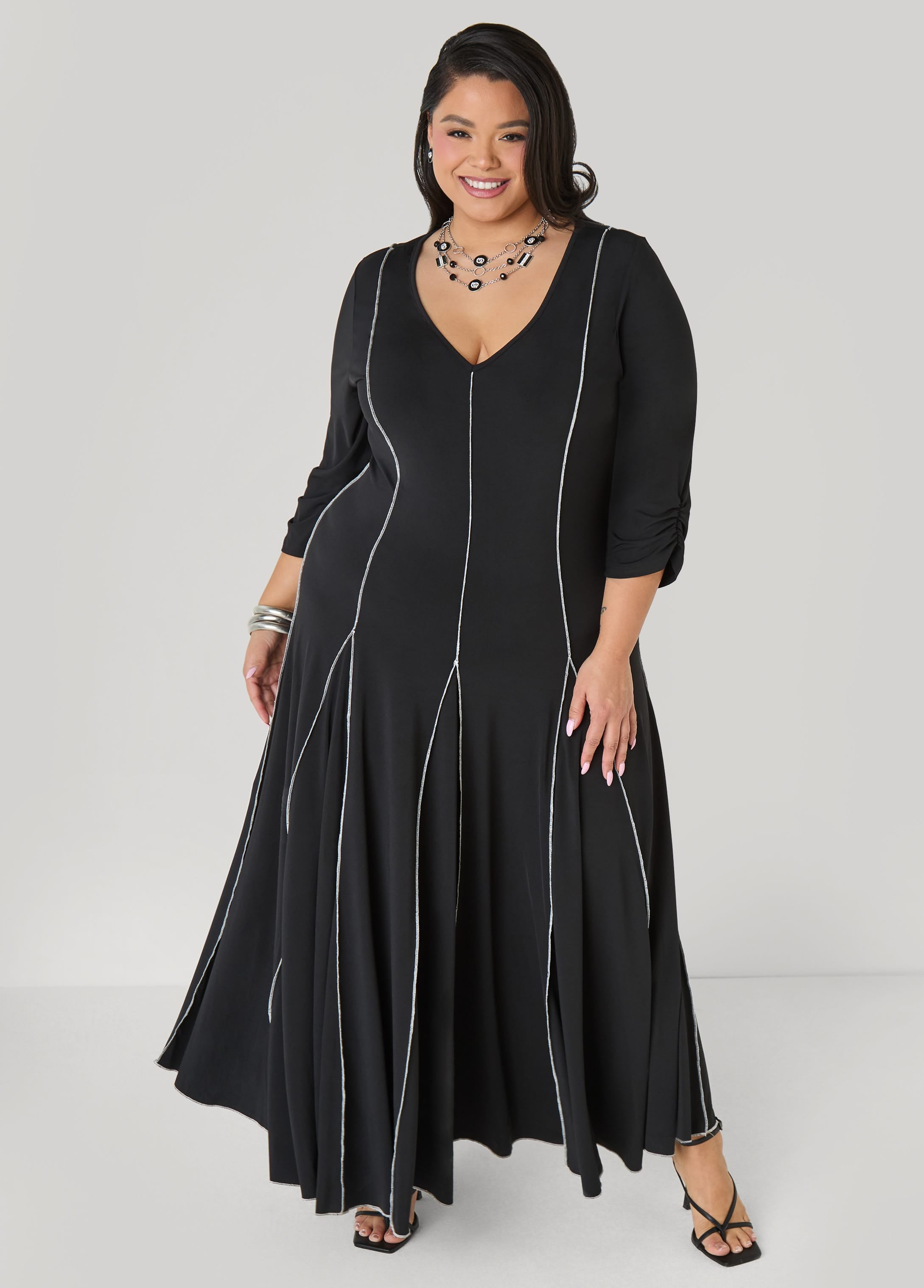 Ruched Sleeve Seamed Maxi Dress – Ashley Stewart