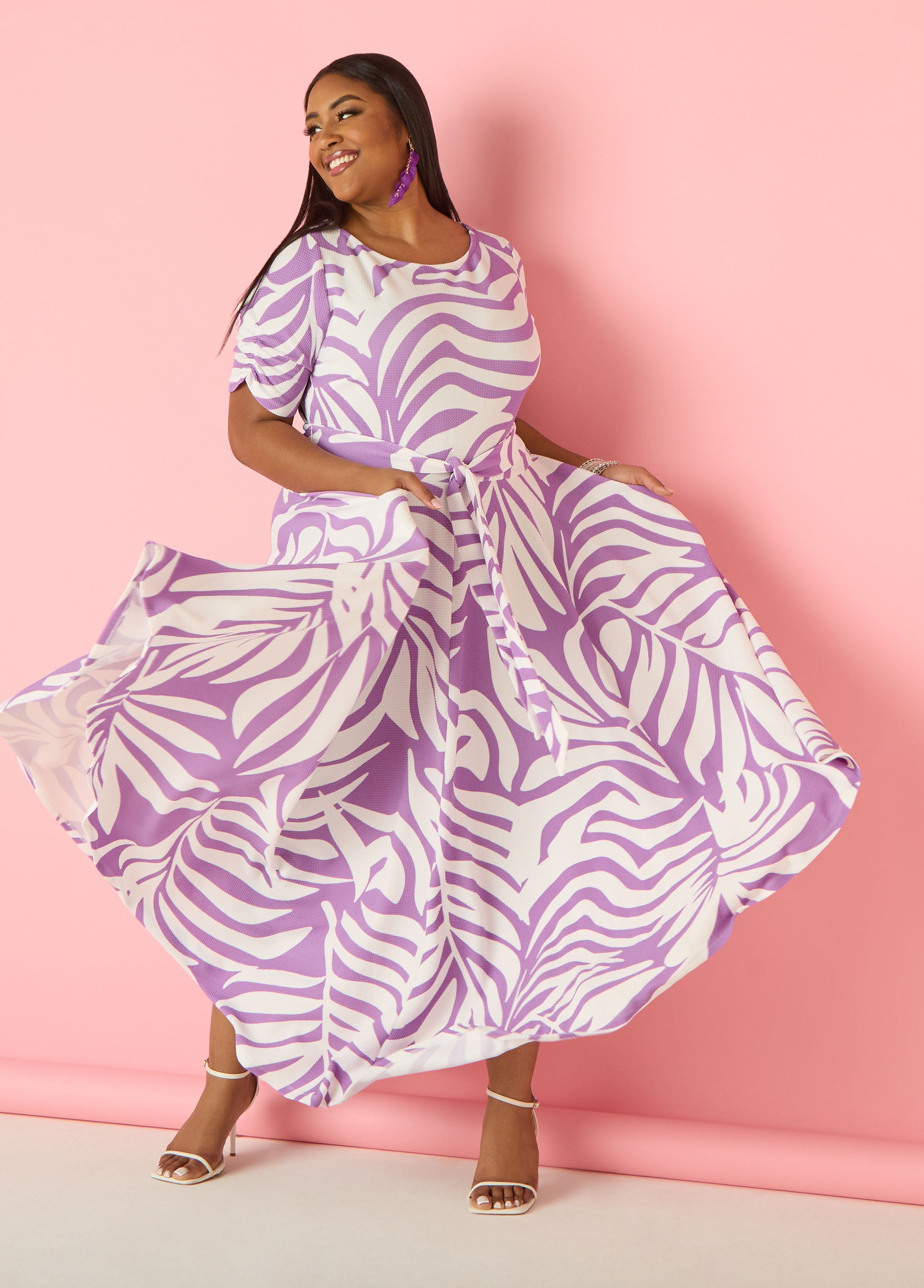 ashley stewart pink dresses Ruched Leaf Print A Line Dress – Ashley Stewart