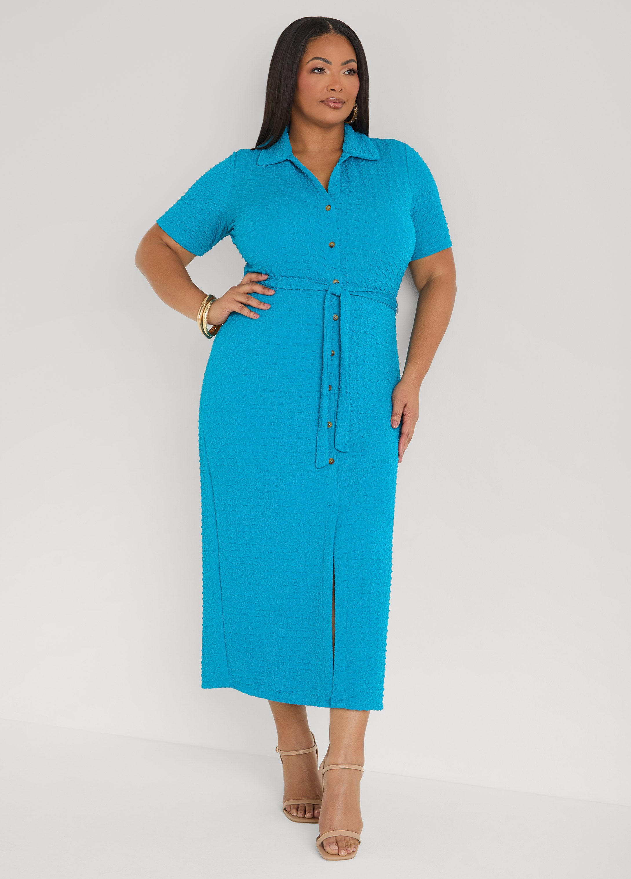 Plus Size Textured Maxi Shirtdress, Caribbean Sea, 22/24 - Ashley Stewart Plus Size Textured Maxi Shirtdress, Caribbean Sea, 22/24 - Ashley Stewart