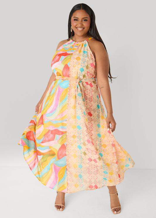 Belted Scarf Print Maxi Dress