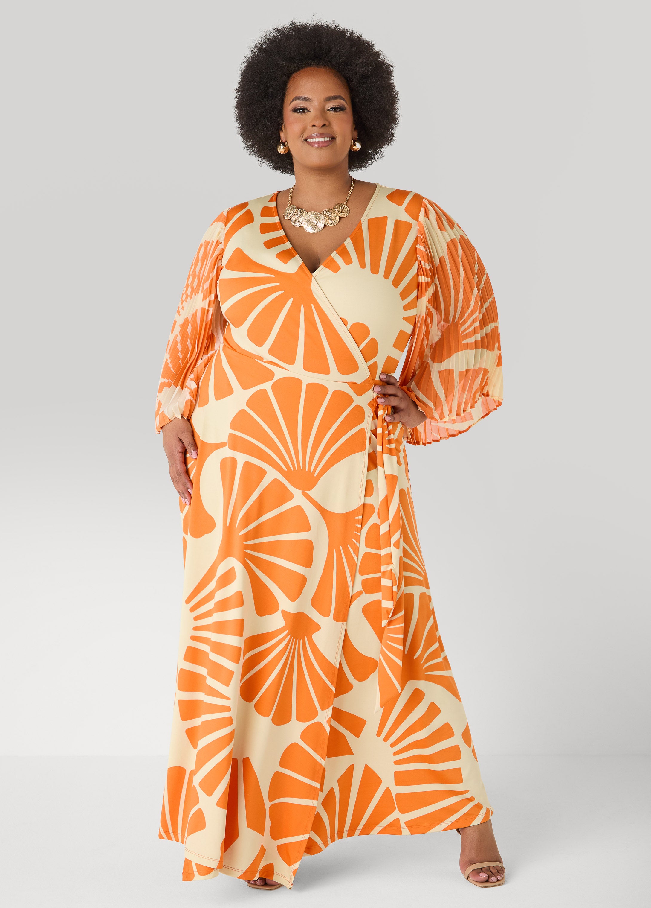 Plus Size Pleated Sleeve Tropical Wrap Dress, Persimmon Orange, 18/20 - Ashley Stewart Plus Size Pleated Sleeve Tropical Wrap Dress, Persimmon Orange, 18/20 - Ashley Stewart