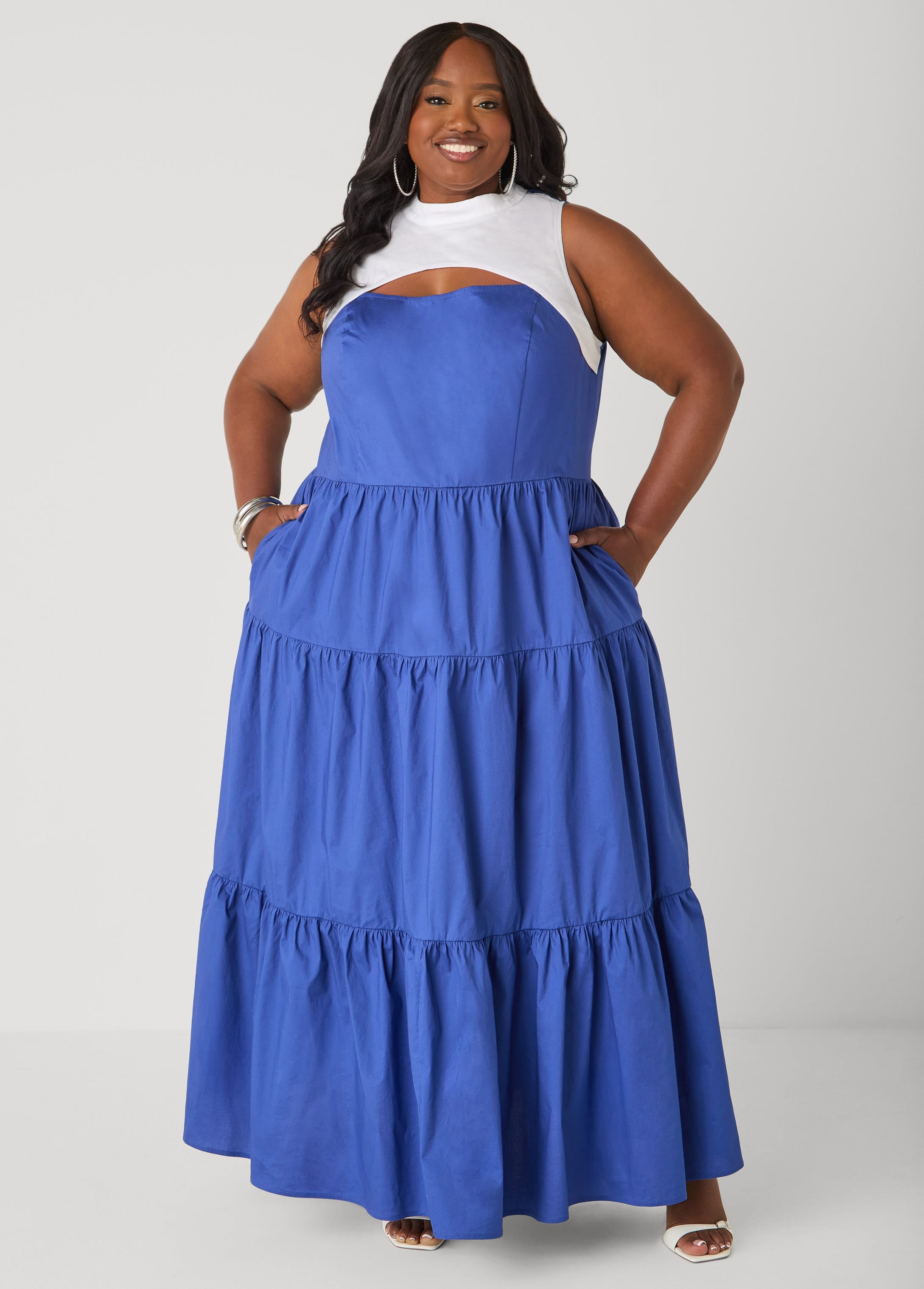 Plus Size Two Tone Cutout Maxi Dress, Sodalite, 14/16