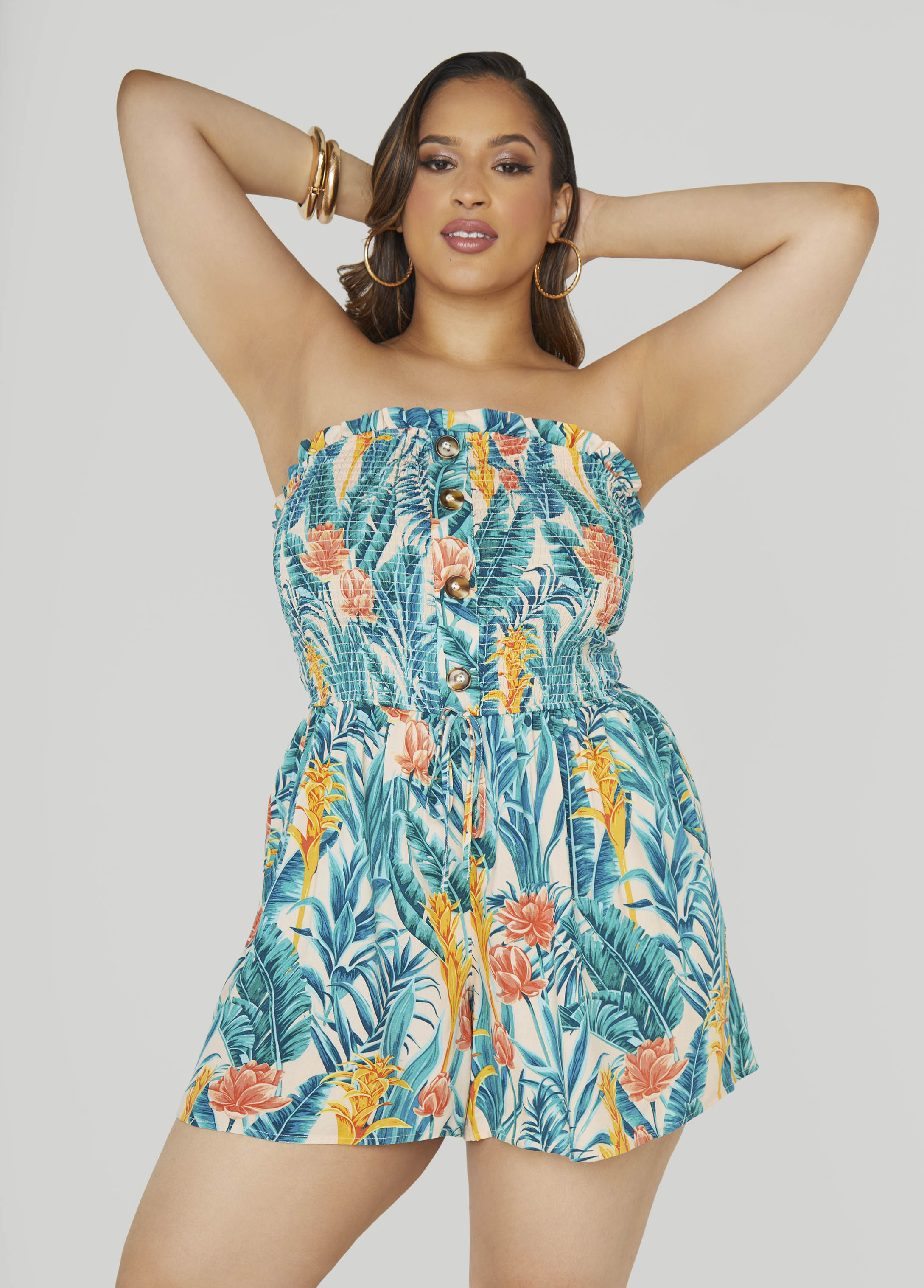 Plus Size Strapless Tropical Print Romper