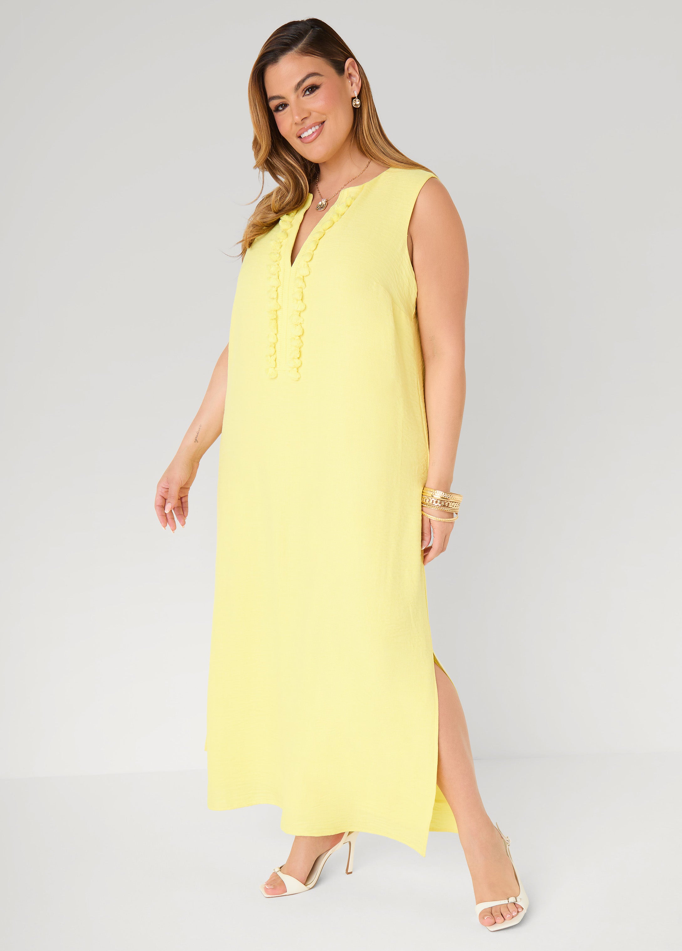 Plus Size Pompom Maxi Dress, Canary Yellow, 26/28 - Ashley Stewart Plus Size Pompom Maxi Dress, Canary Yellow, 26/28 - Ashley Stewart