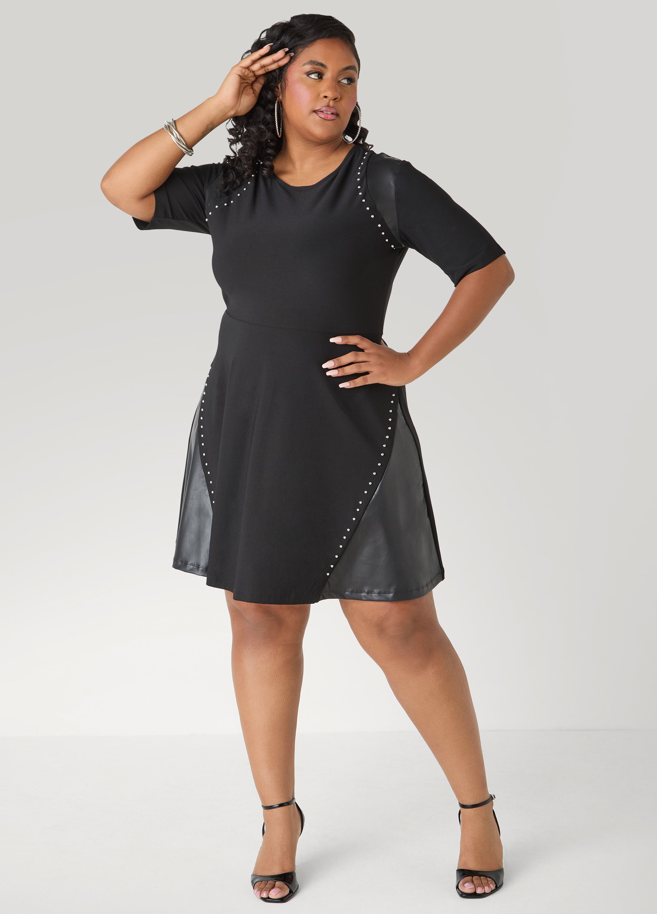 Studded Faux Leather Paneled Dress - Black / 22/24 / UPCO Studded Faux Leather Paneled Dress - Black / 22/24 / UPCO