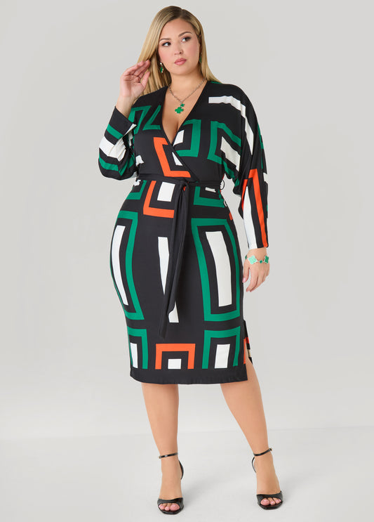 Plus Size Printed Faux Wrap Midi Dress