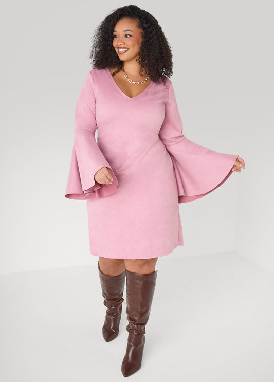 Bell Sleeved Faux Suede Dress