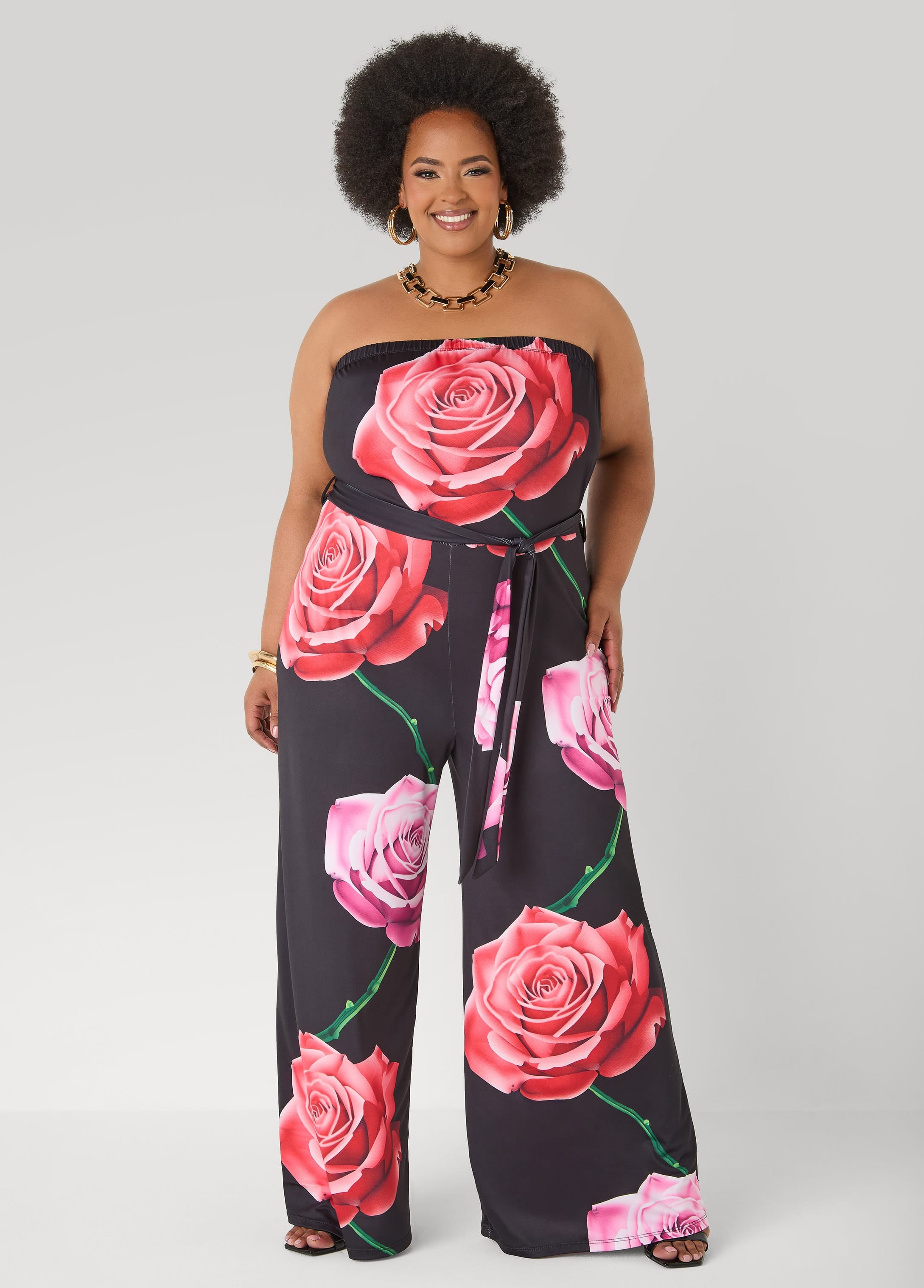 Strapless Rose Print Jumpsuit – Ashley Stewart