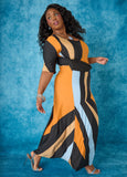 Plus Size Geo Print Colorblock Dress Full Length Knit Dress