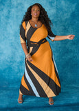 Plus Size Geo Print Colorblock Dress Full Length Knit Dress