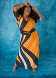 Plus Size Geo Print Colorblock Dress Full Length Knit Dress