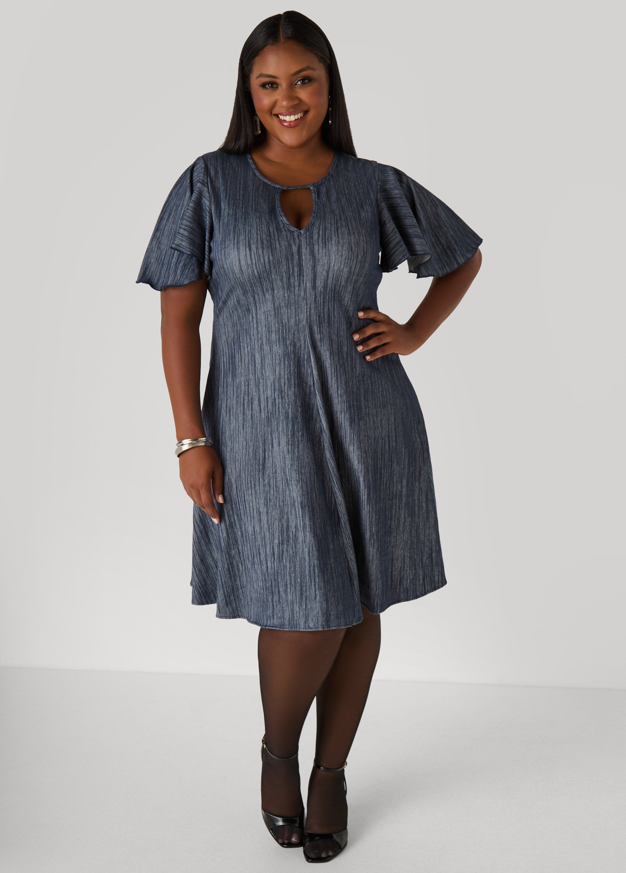 Plus Size Cutout Textured Denim A Line Dress