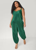 Plus Size Satin Pleated Jumpsuit Green Sleeveless One Piece