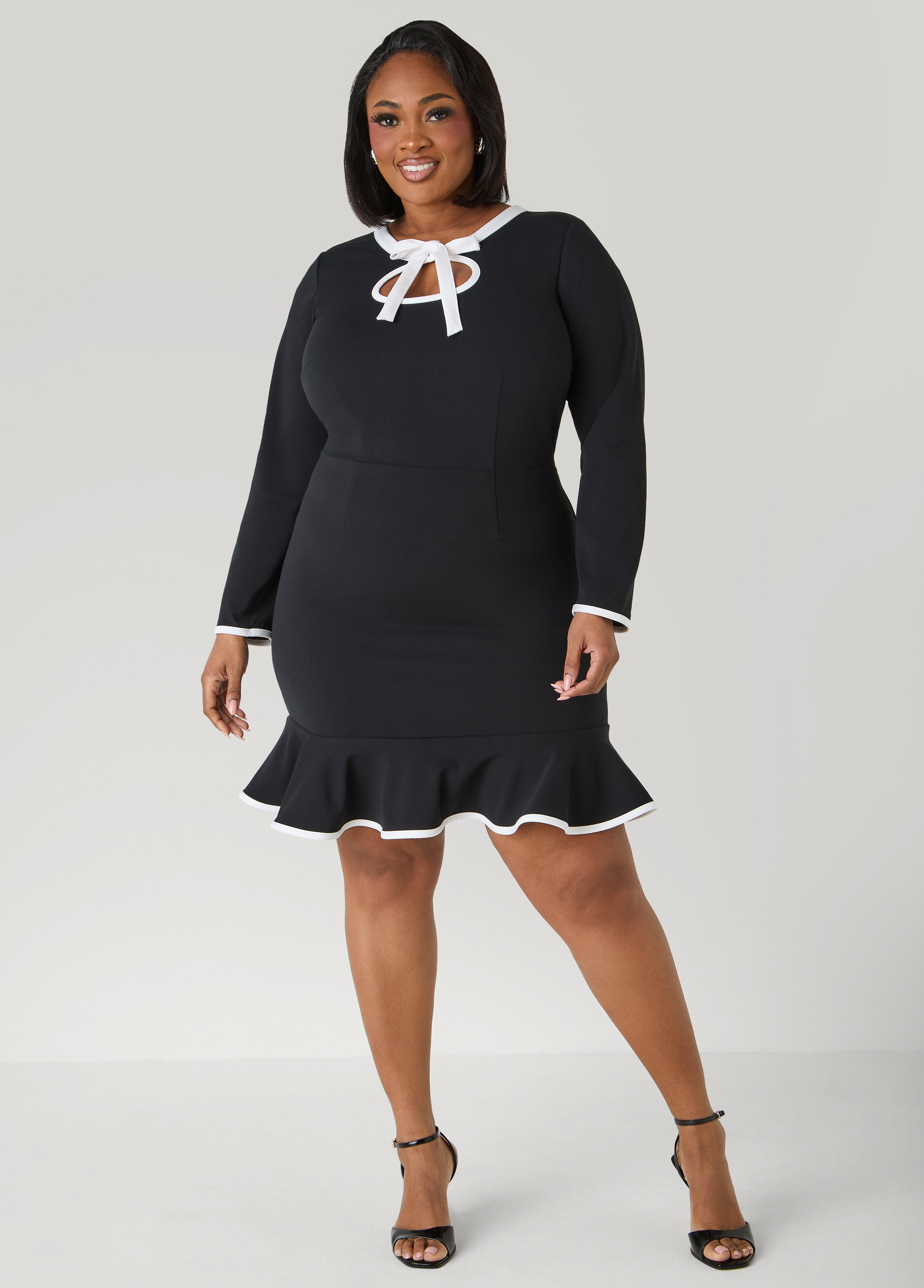 Plus Size Bow Embellished Cutout Dress, Black White, 10 Plus Size Bow Embellished Cutout Dress, Black White, 10