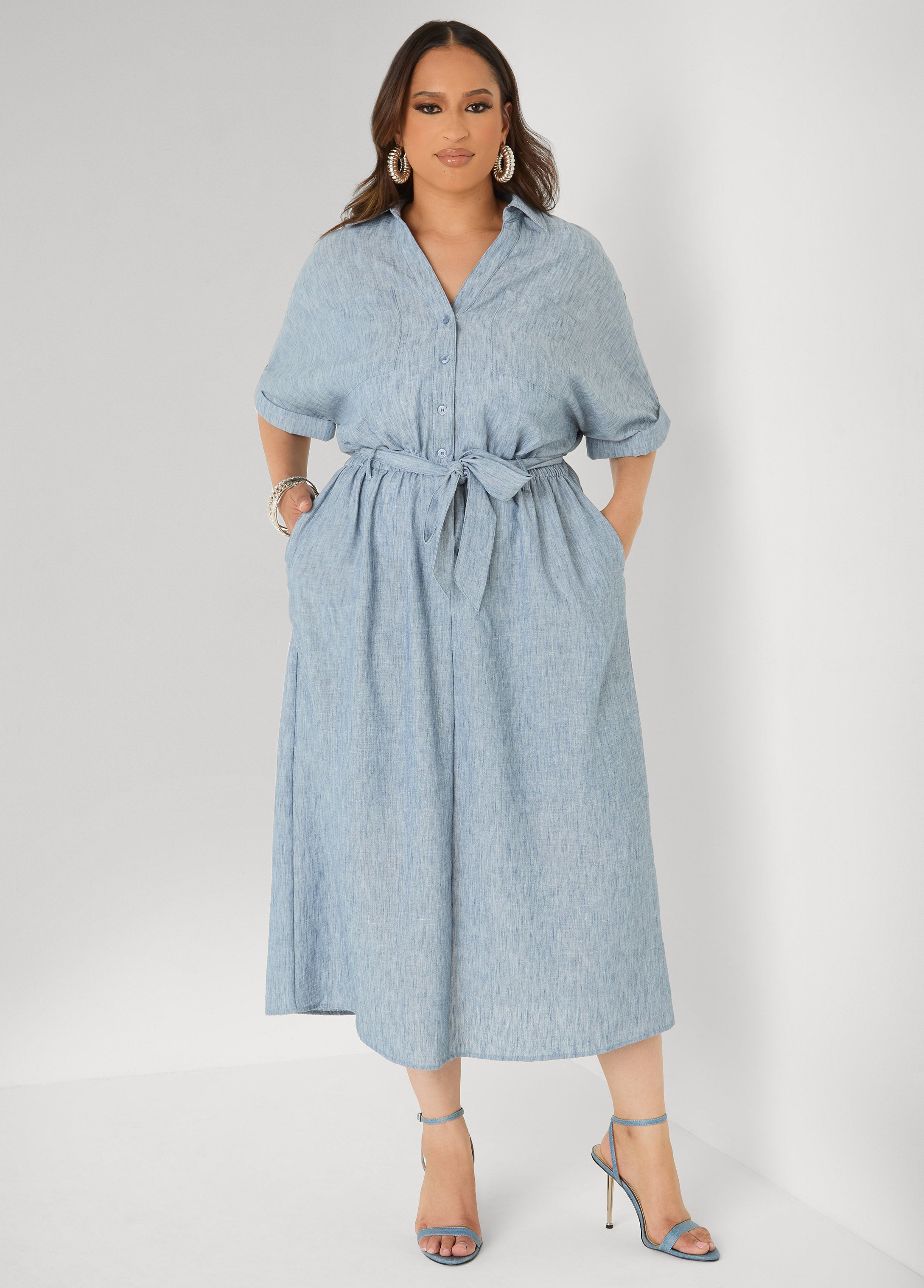 Plus Size Collared Shirtdress with Tie Waist, Navy, 10 - Ashley Stewart Plus Size Collared Shirtdress with Tie Waist, Navy, 10 - Ashley Stewart