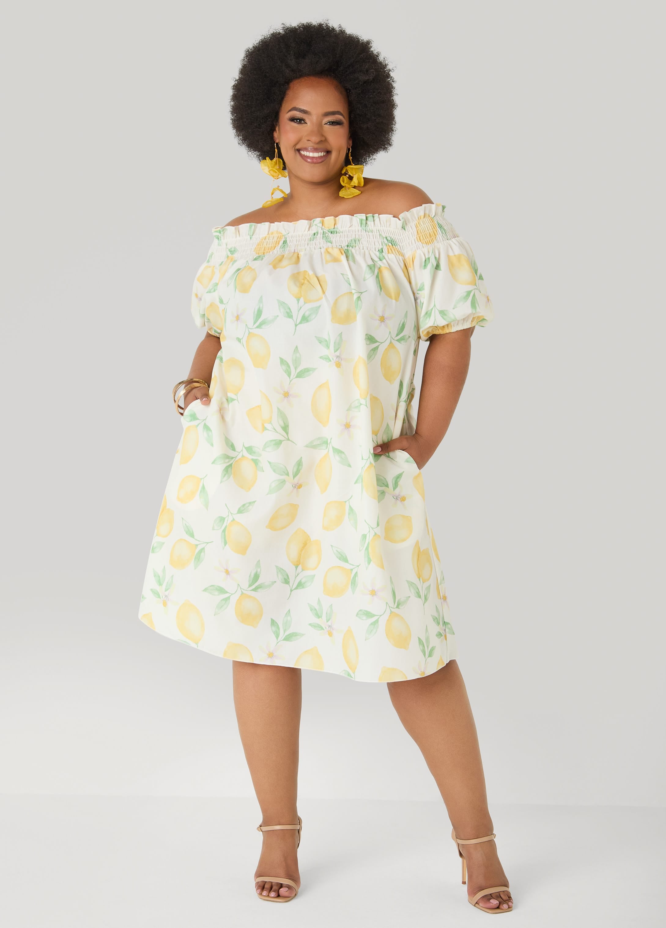 lemon print off the shoulder dress Lemon Print Off The Shoulder Dress Ashley Stewart