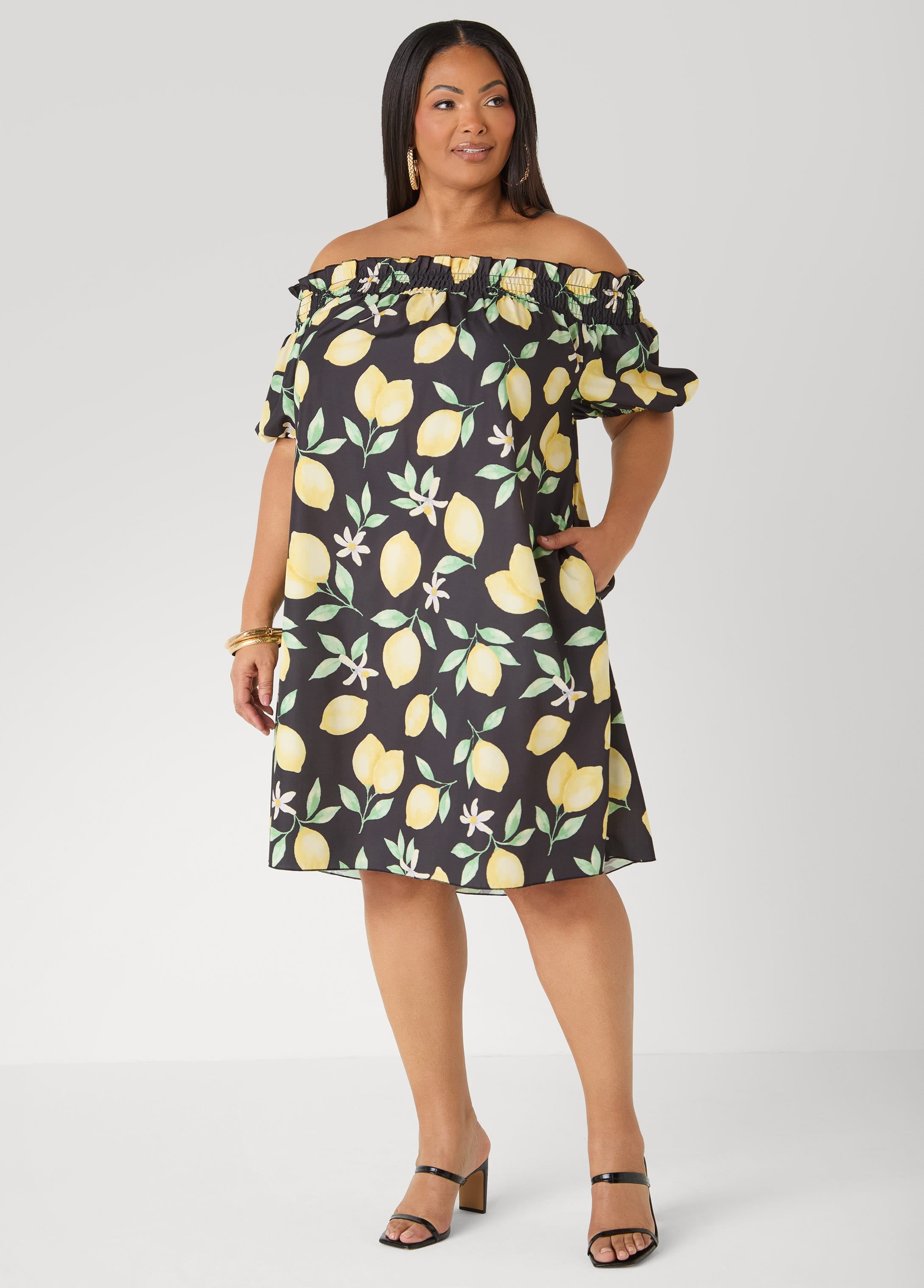 Off The Shoulder Lemon Print Dress – Ashley Stewart