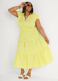 Plus Size Yellow Maxi Dress V Neck Aline Fit Flare Poplin Dress