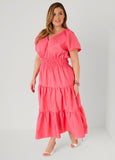 Plus Size Pink Maxi Dress V Neck Aline Fit Flare Poplin Dress