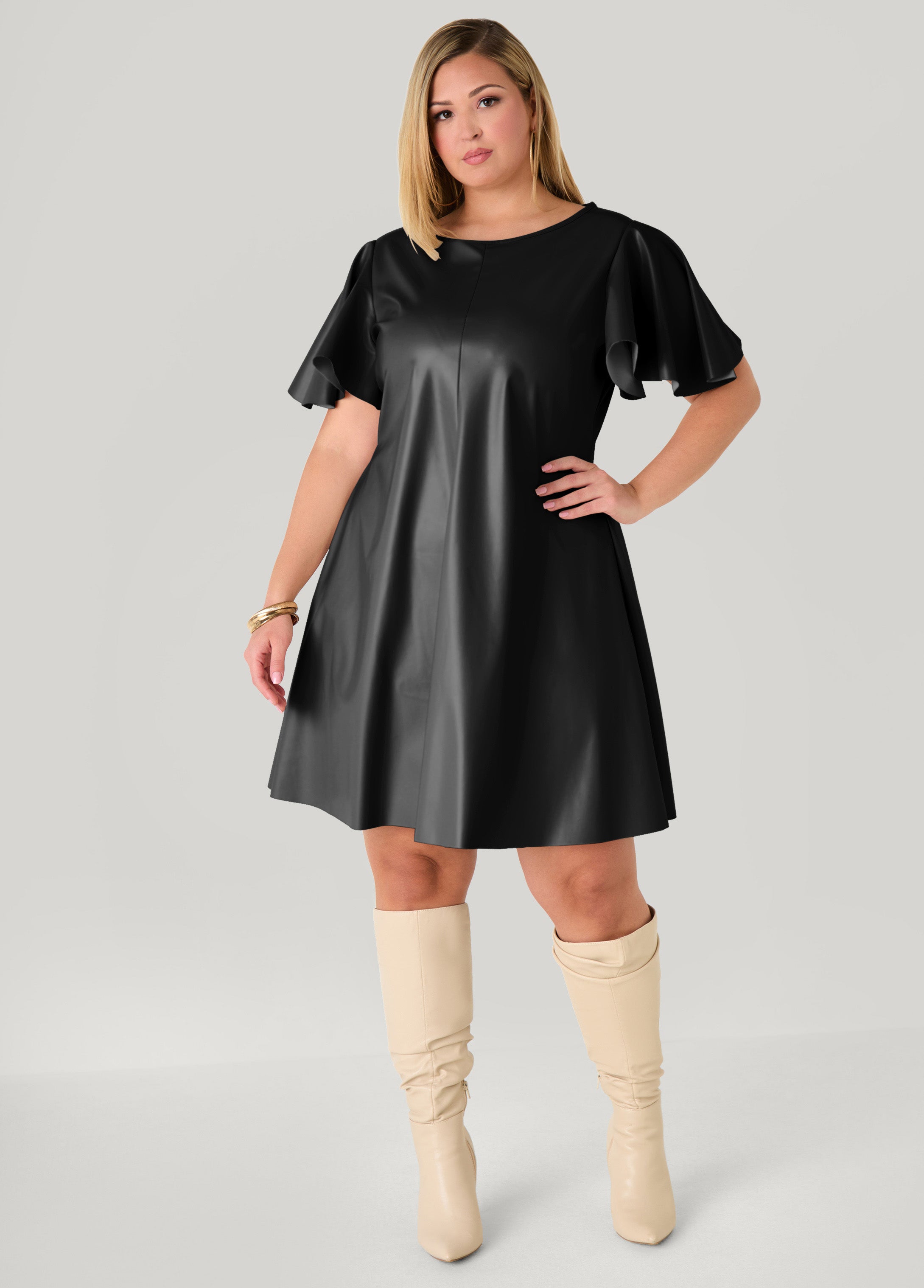 Flutter Sleeve Faux Leather Dress Ashley Stewart Flutter Sleeve Faux Leather Dress Ashley Stewart