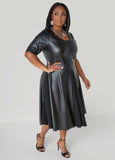 Paneled Faux Leather A Line Dress