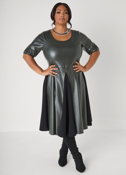 Paneled Faux Leather A Line Dress