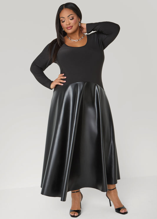 Faux Leather Paneled A Line Dress
