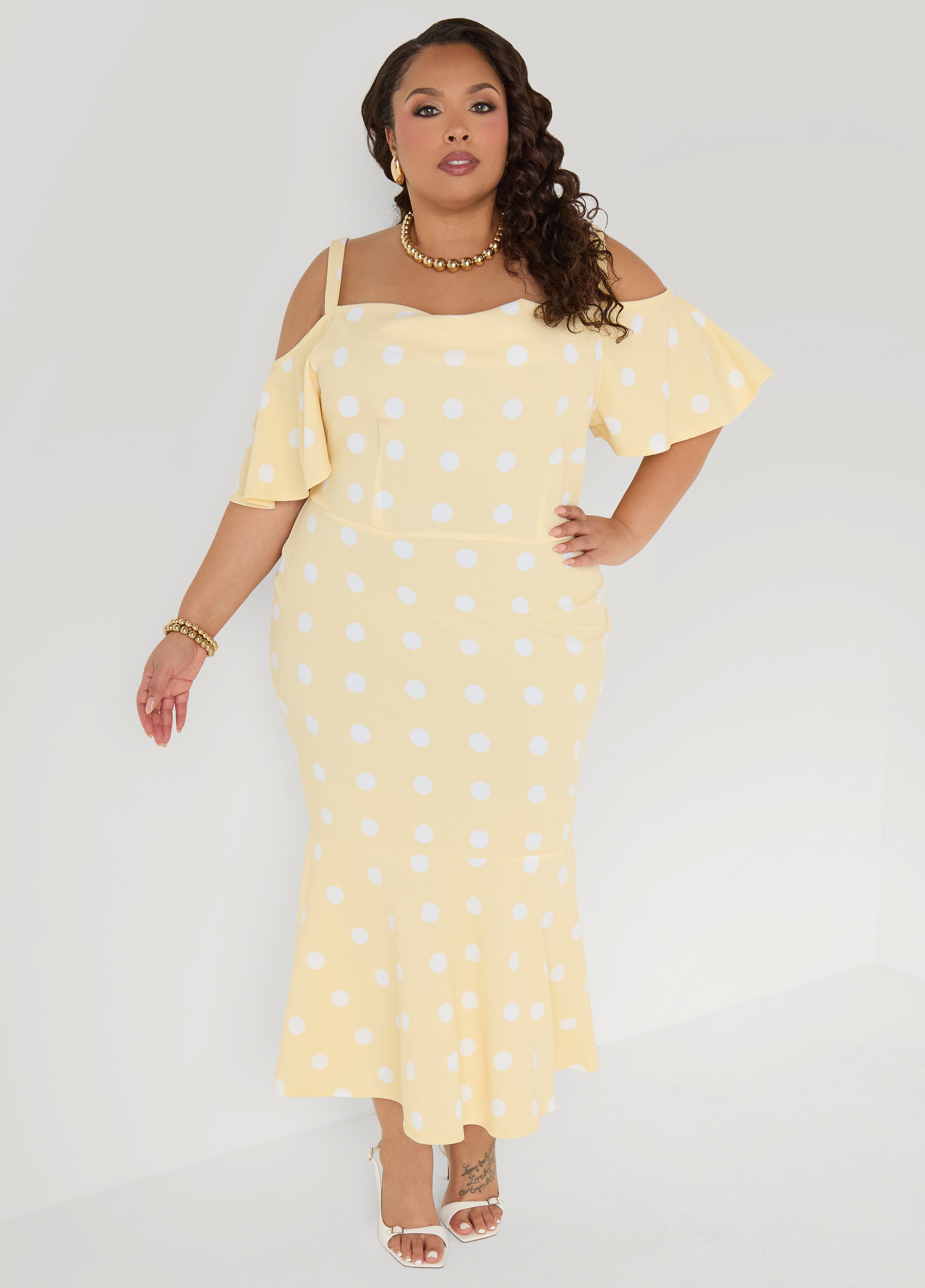 Plus Size Cold Shoulder Polka Dot Dress, Apricot Gelato, 14/16 - Ashley Stewart Plus Size Cold Shoulder Polka Dot Dress, Apricot Gelato, 14/16 - Ashley Stewart