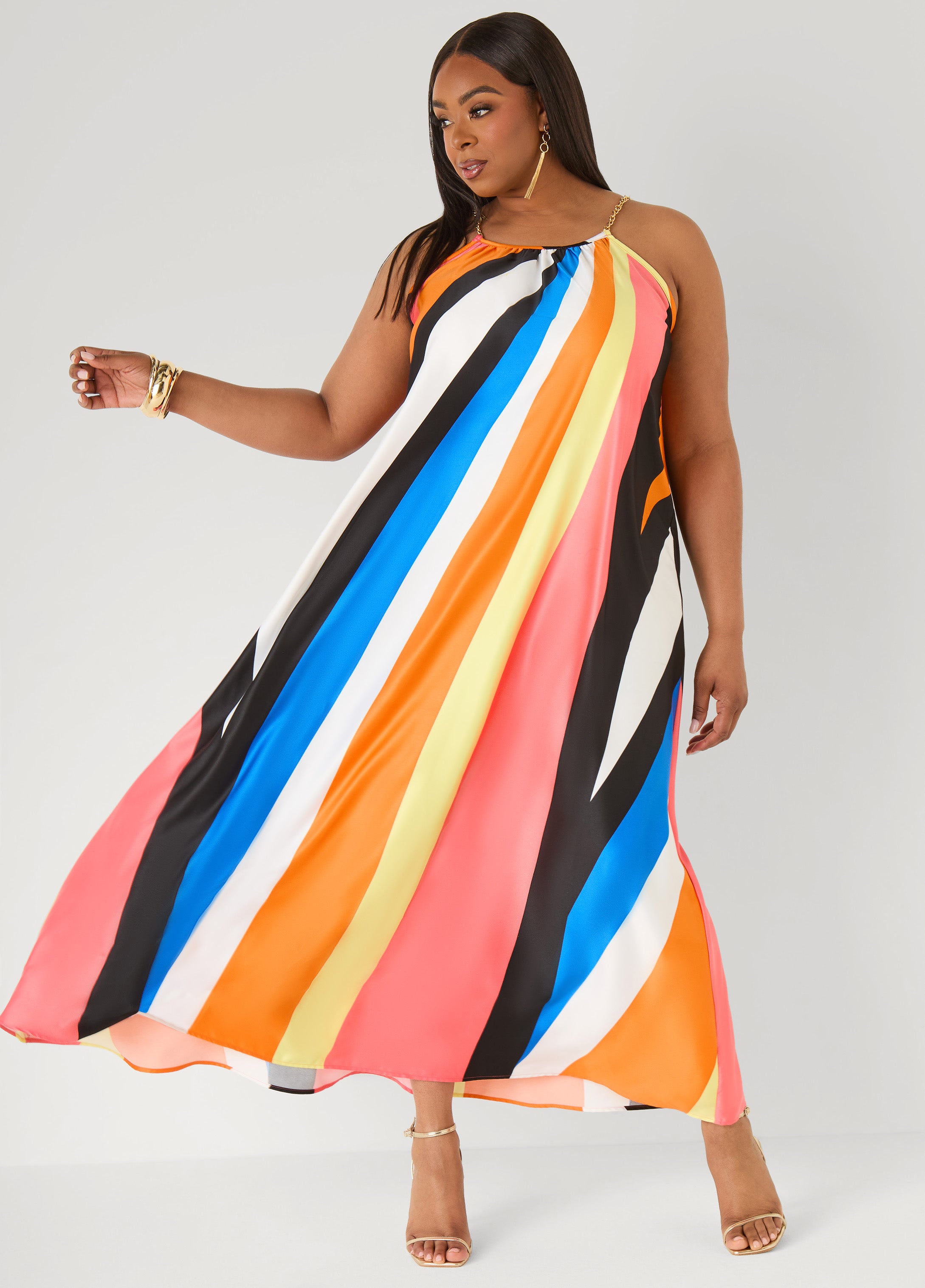 Plus Size Chain Trimmed Striped Maxi Dress, Multi, 12 Plus Size Chain Trimmed Striped Maxi Dress, Multi, 12