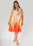 Plus Size Floral Swing Dress Flower Print Neck Ties Summer Dress