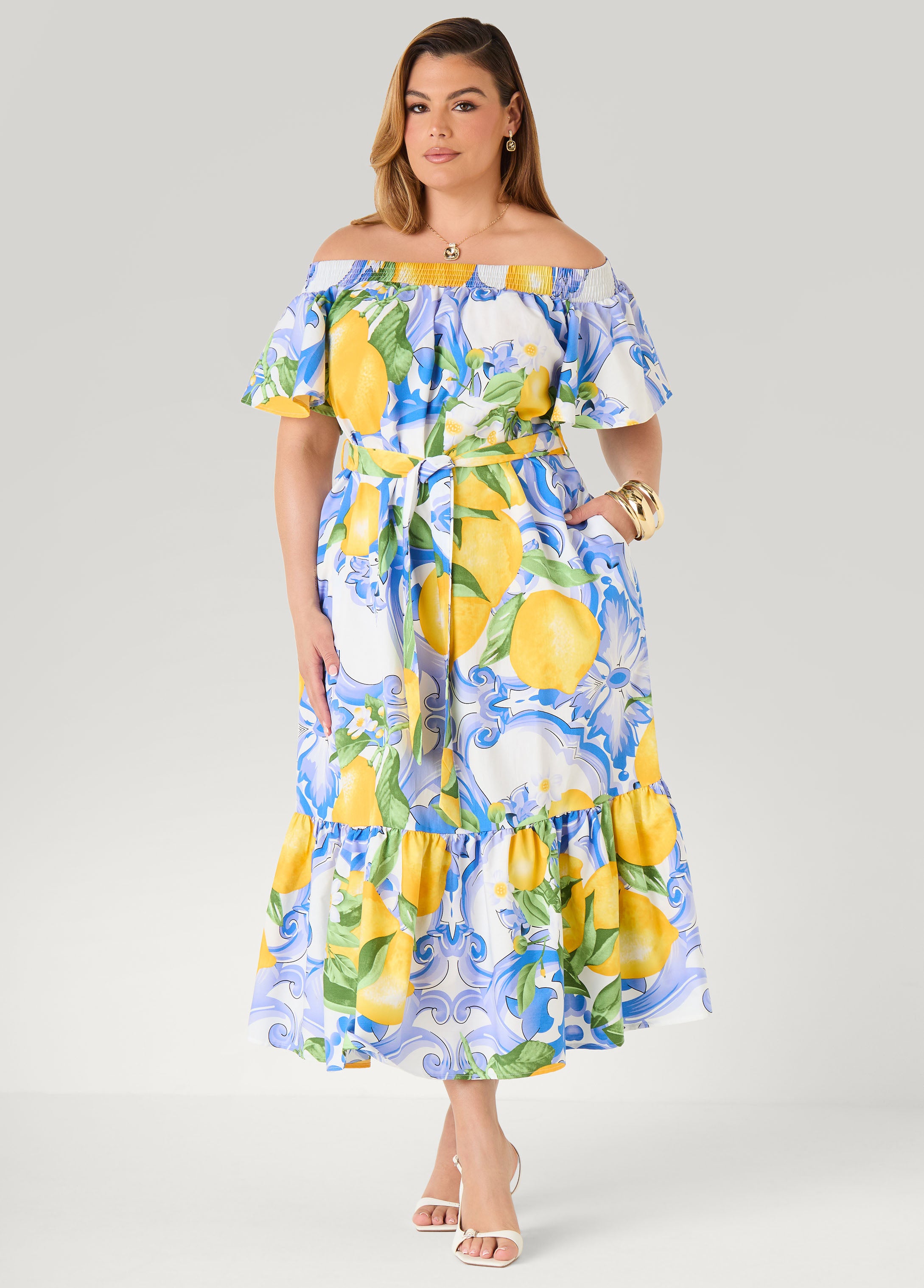 Plus Size Off The Shoulder Lemon Print Dress, Victoria Blue, 22/24 - Ashley Stewart Plus Size Off The Shoulder Lemon Print Dress, Victoria Blue, 22/24 - Ashley Stewart