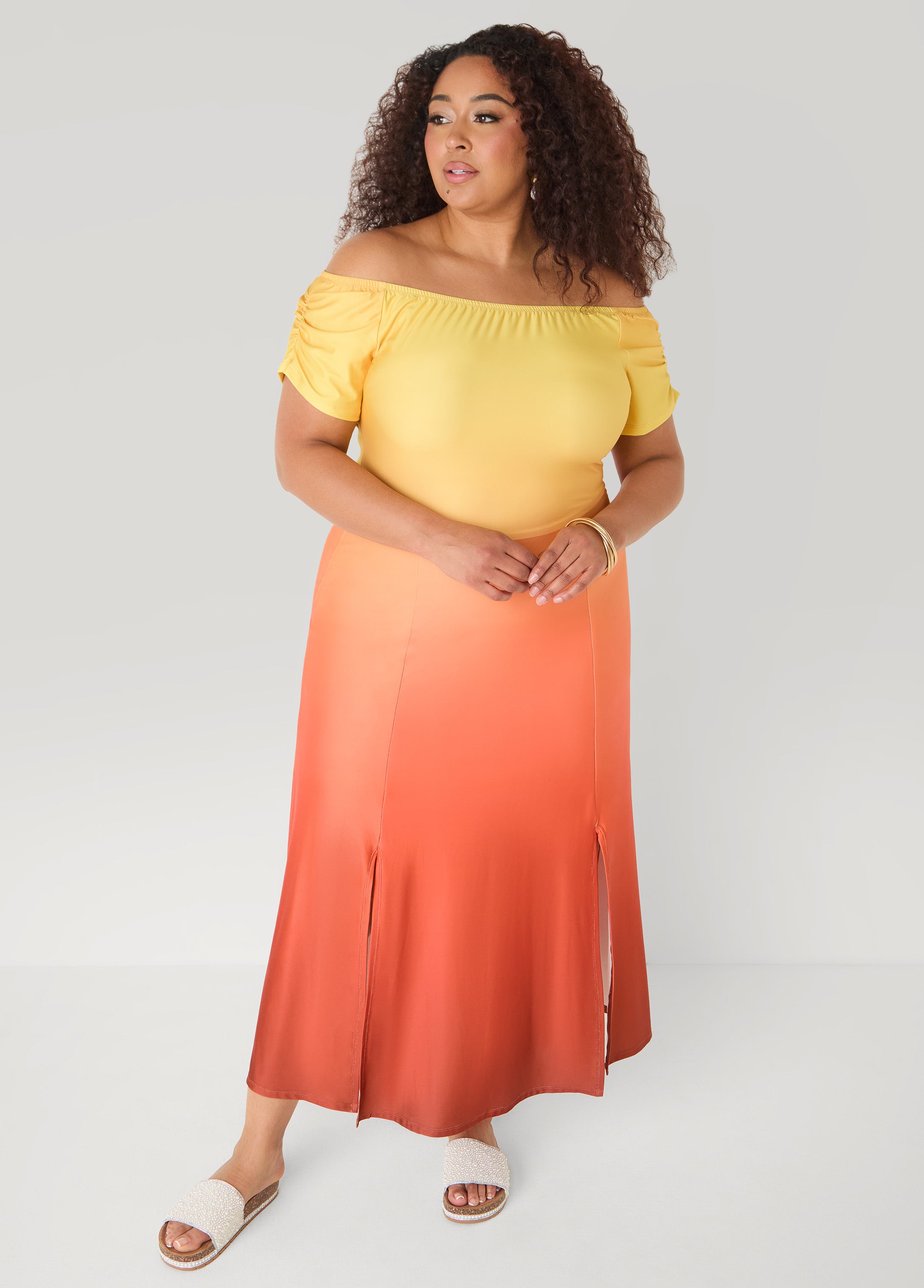 Plus Size Ombre Off The Shoulder Maxi Dress, Persimmon Orange, 34/36 Plus Size Ombre Off The Shoulder Maxi Dress, Persimmon Orange, 34/36