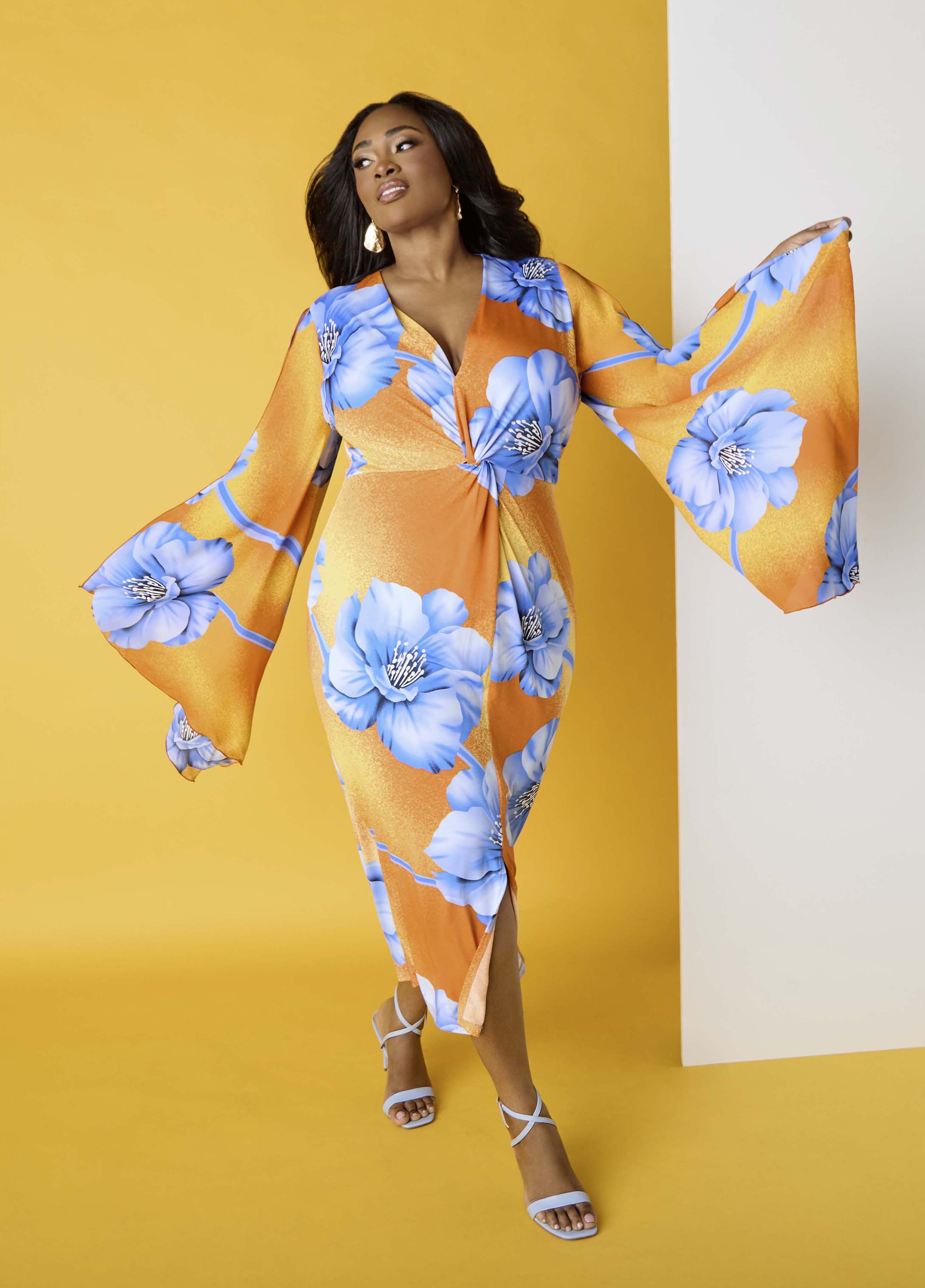 Plus Size Split Sleeve Tropical Print Dress, Persimmon Orange, 14/16 - Ashley Stewart Plus Size Split Sleeve Tropical Print Dress, Persimmon Orange, 14/16 - Ashley Stewart