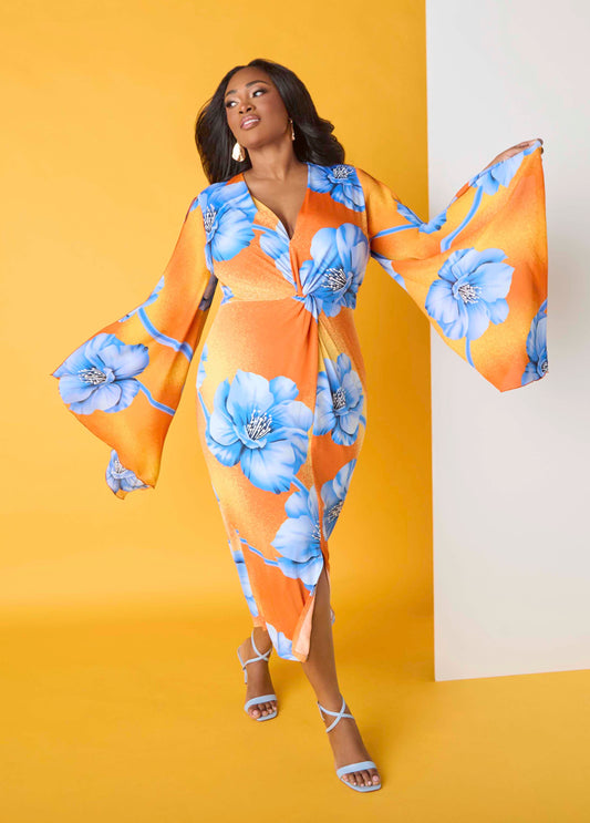 Plus Size Tropical Print Split Drama Sleeve Party Summer Maxi Dress
