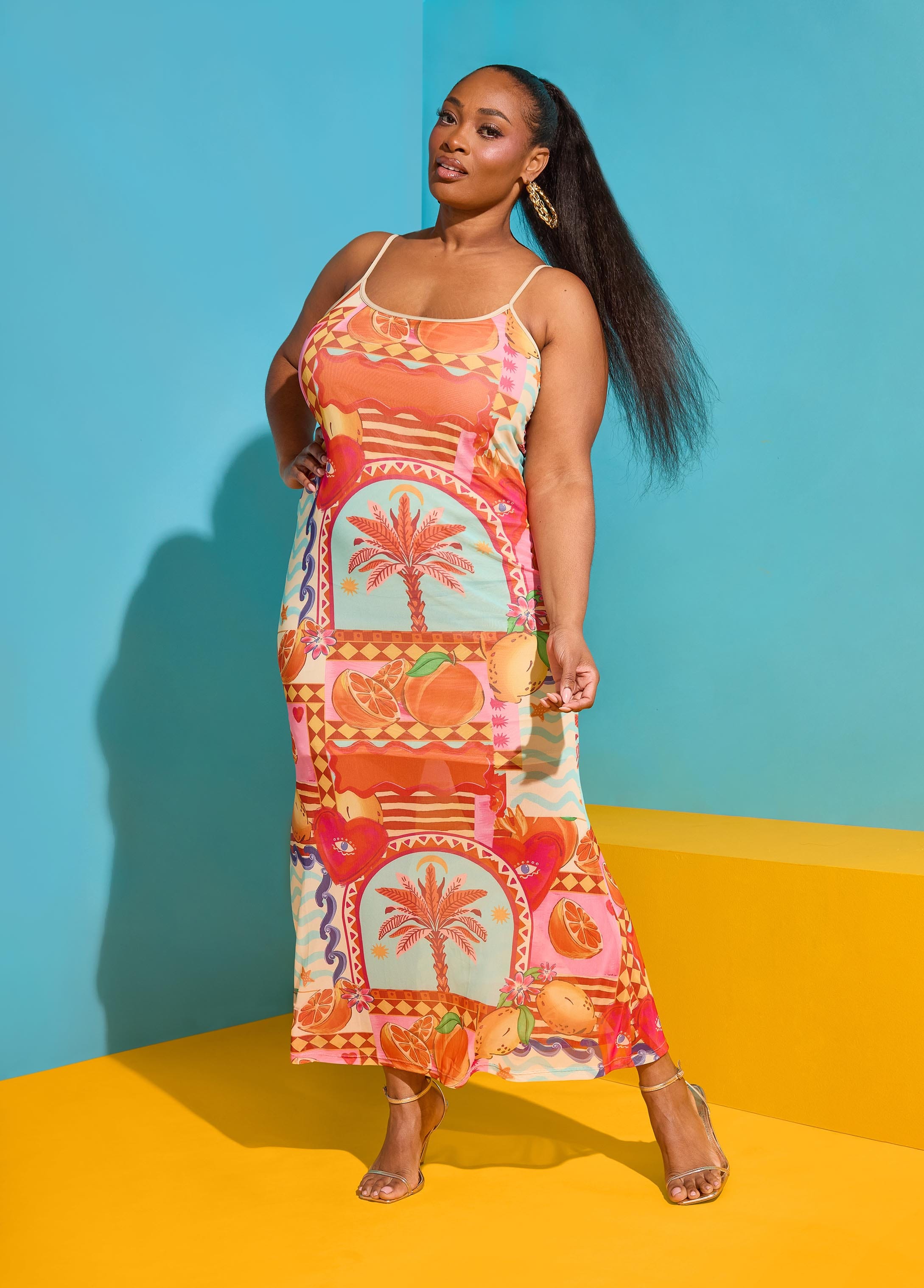 Plus Size Printed Mesh Maxi Slip Dress, Multi, 18/20