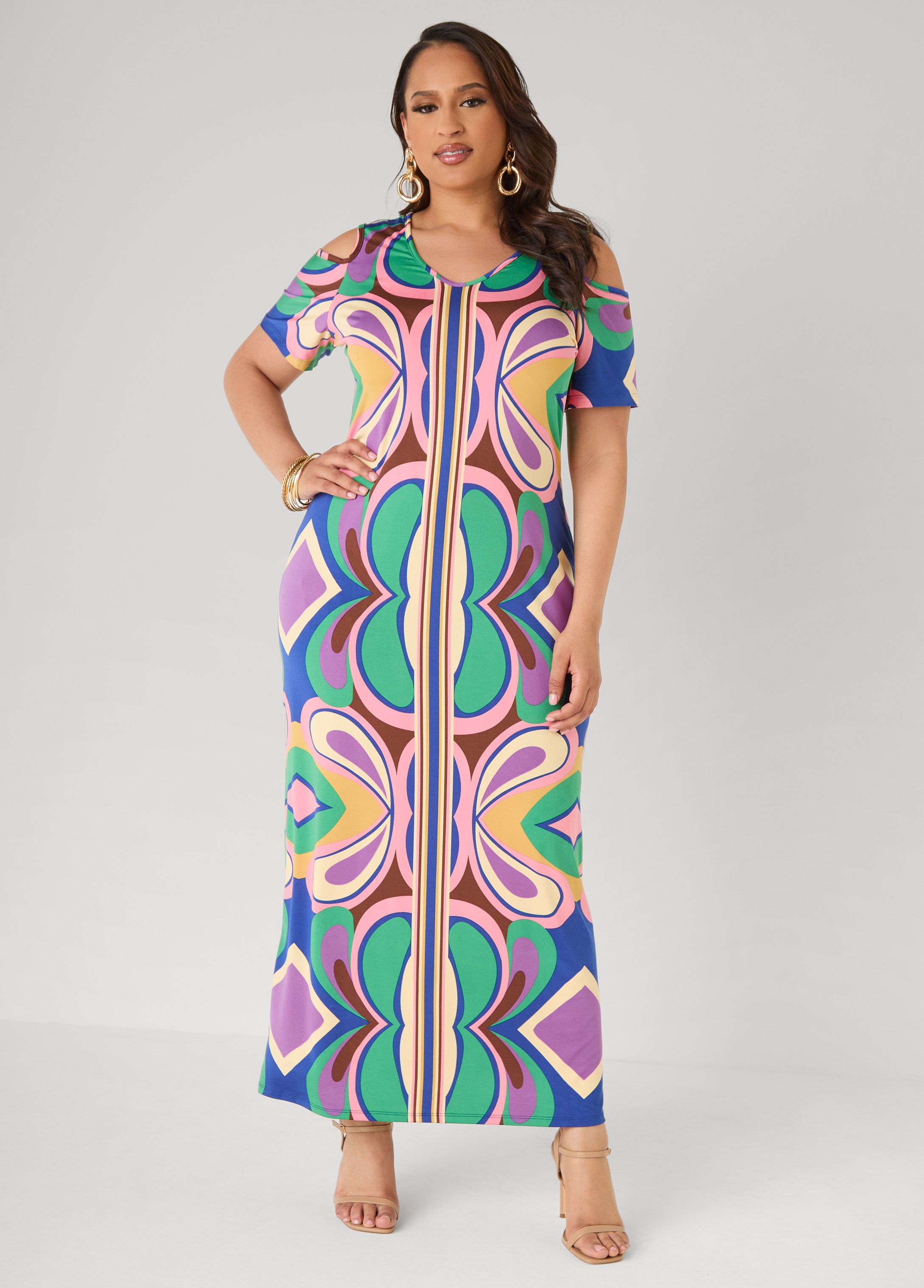 Plus Size Tall Cold Shoulder Printed Maxi Dress, Multi, 26/28 - Ashley Stewart Plus Size Tall Cold Shoulder Printed Maxi Dress, Multi, 26/28 - Ashley Stewart