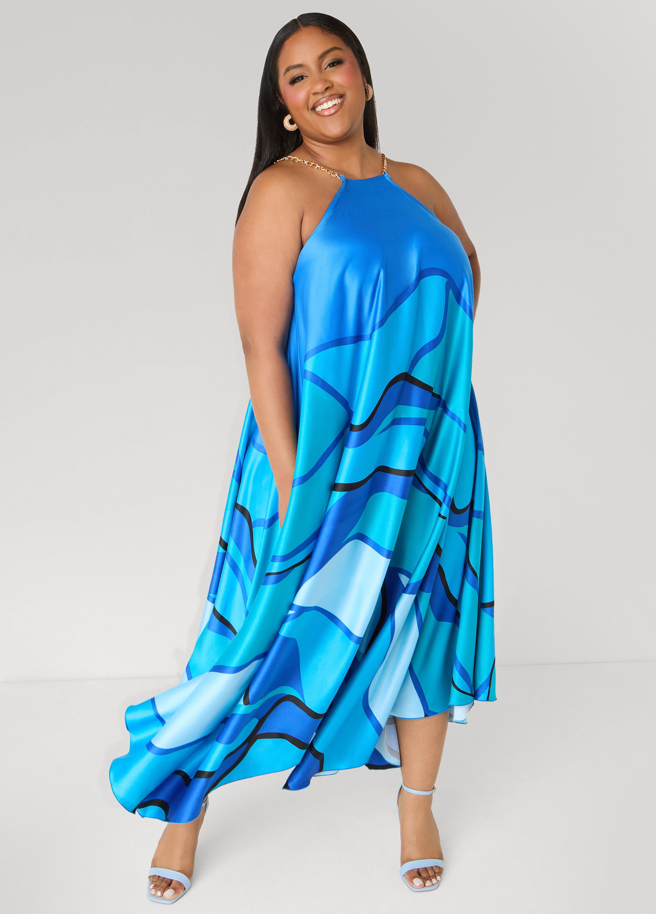 Chain Trimmed Wave Print Dress Ashley Stewart Chain Trimmed Wave Print Dress Ashley Stewart