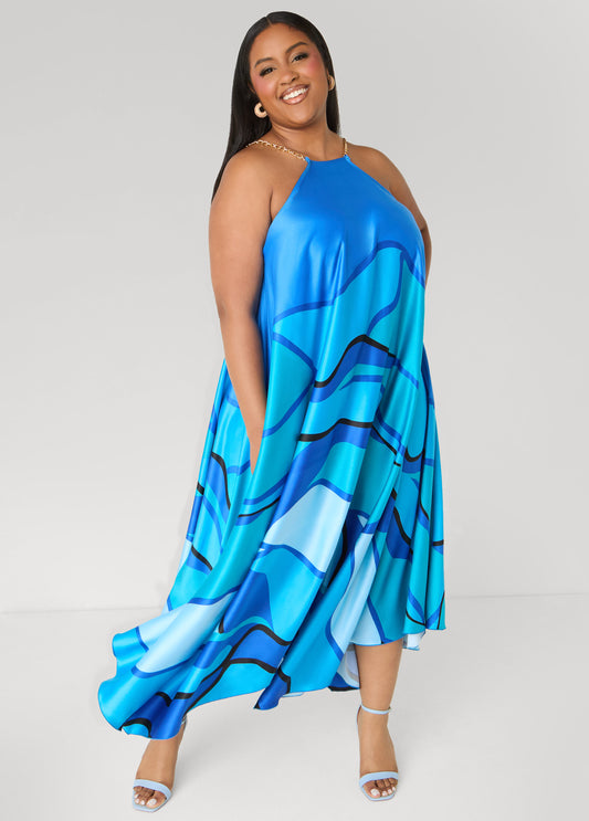 Chain Trimmed Wave Print Dress