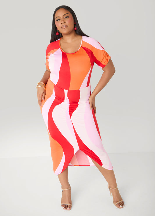 Ruched Swirl Print Maxi Dress