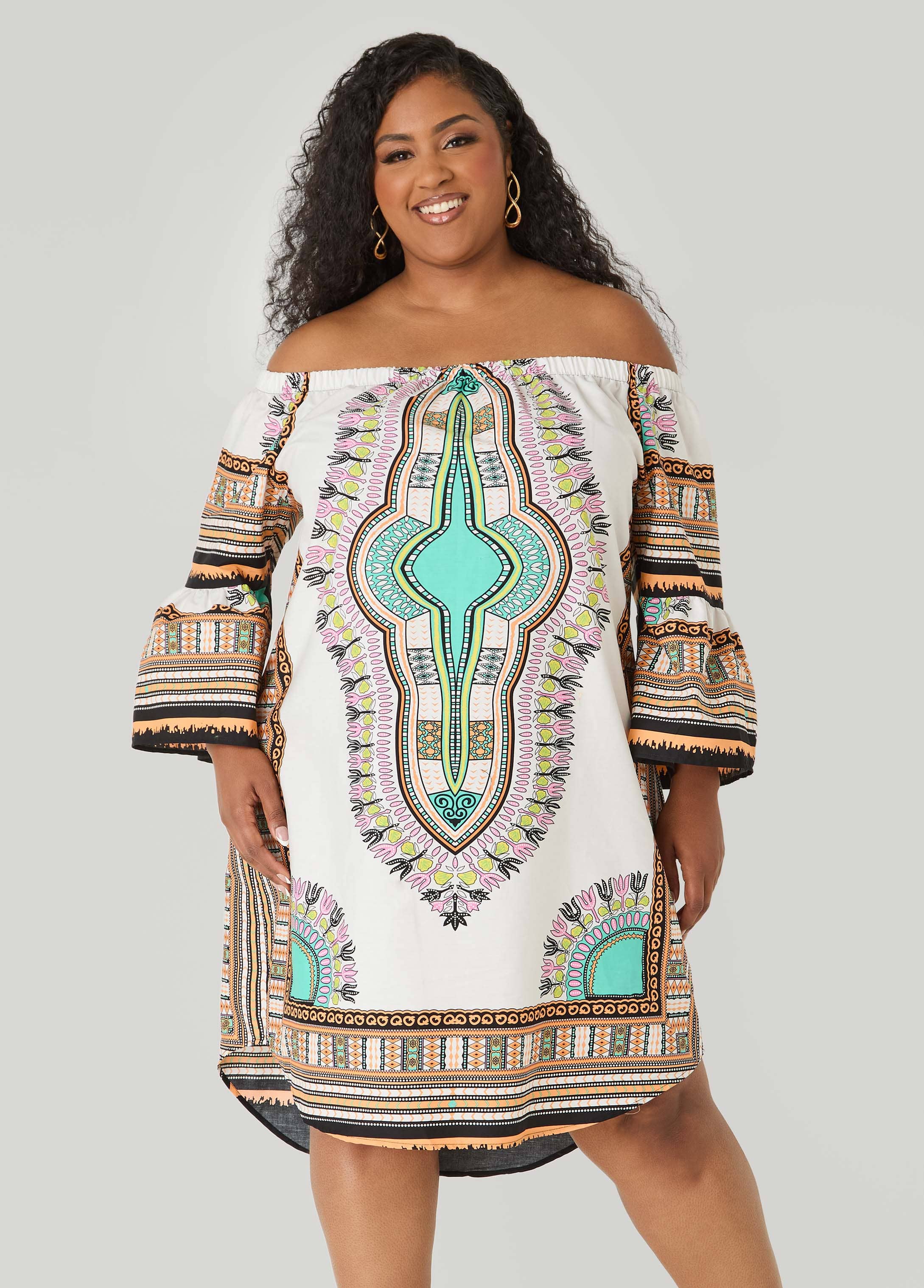 ashley stewart off the shoulder dress Plus Size Off The Shoulder Leaf Print Dress, Victoria Blue, 26/28