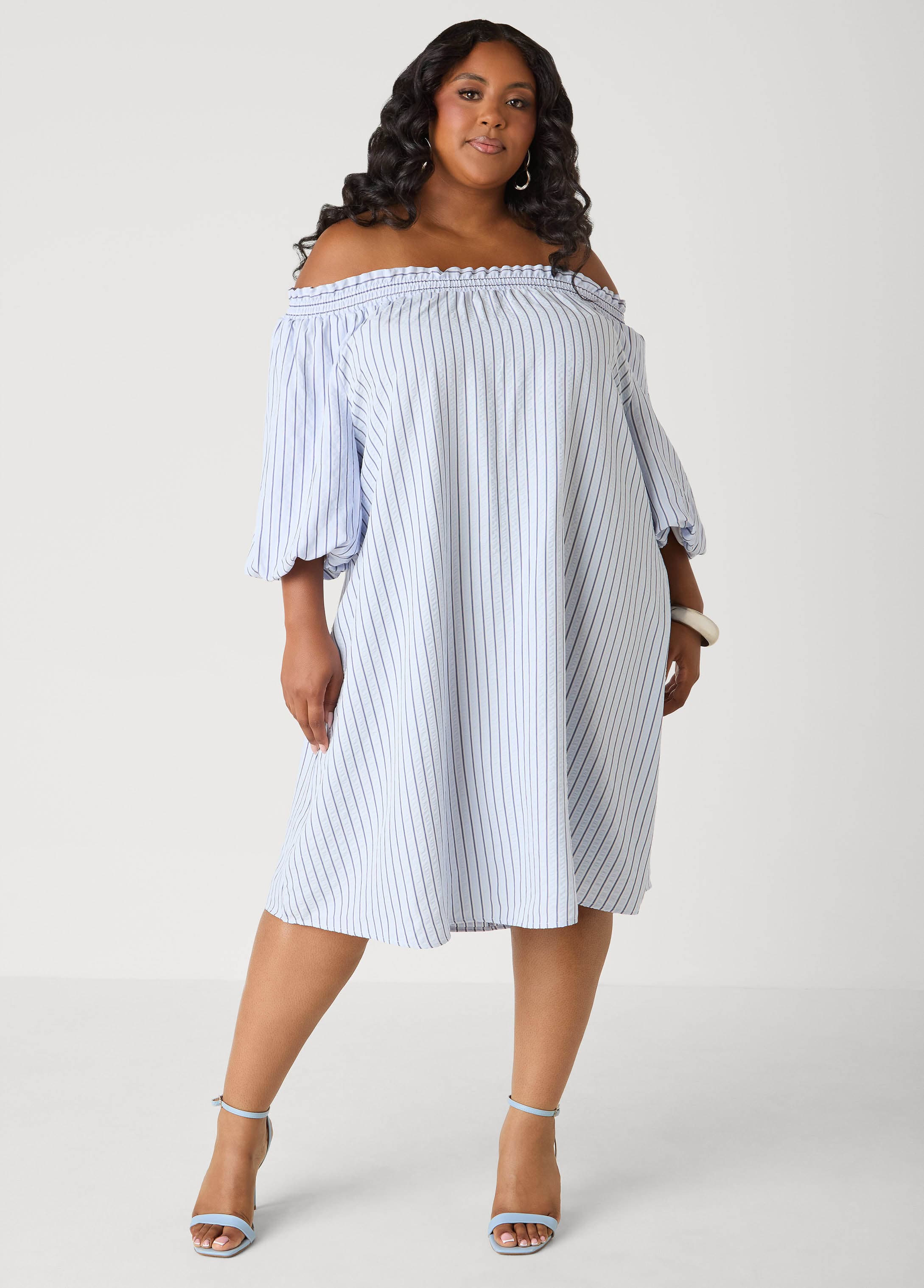 Striped Off The Shoulder Dress – Ashley Stewart